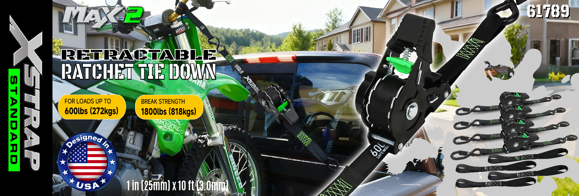 Xstrap 61789 প্রত্যাহারযোগ্য র্যাচেট টাই ডাউন স্ট্র্যাপ 1 ইঞ্চি x 10 ফুট নিরাপদ টাই-ডাউন মোটরসাইকেল জেটস্কি কায়াক ব্রেকিং স্ট্রেন্থ 1,500LBS/680KG এর জন্য