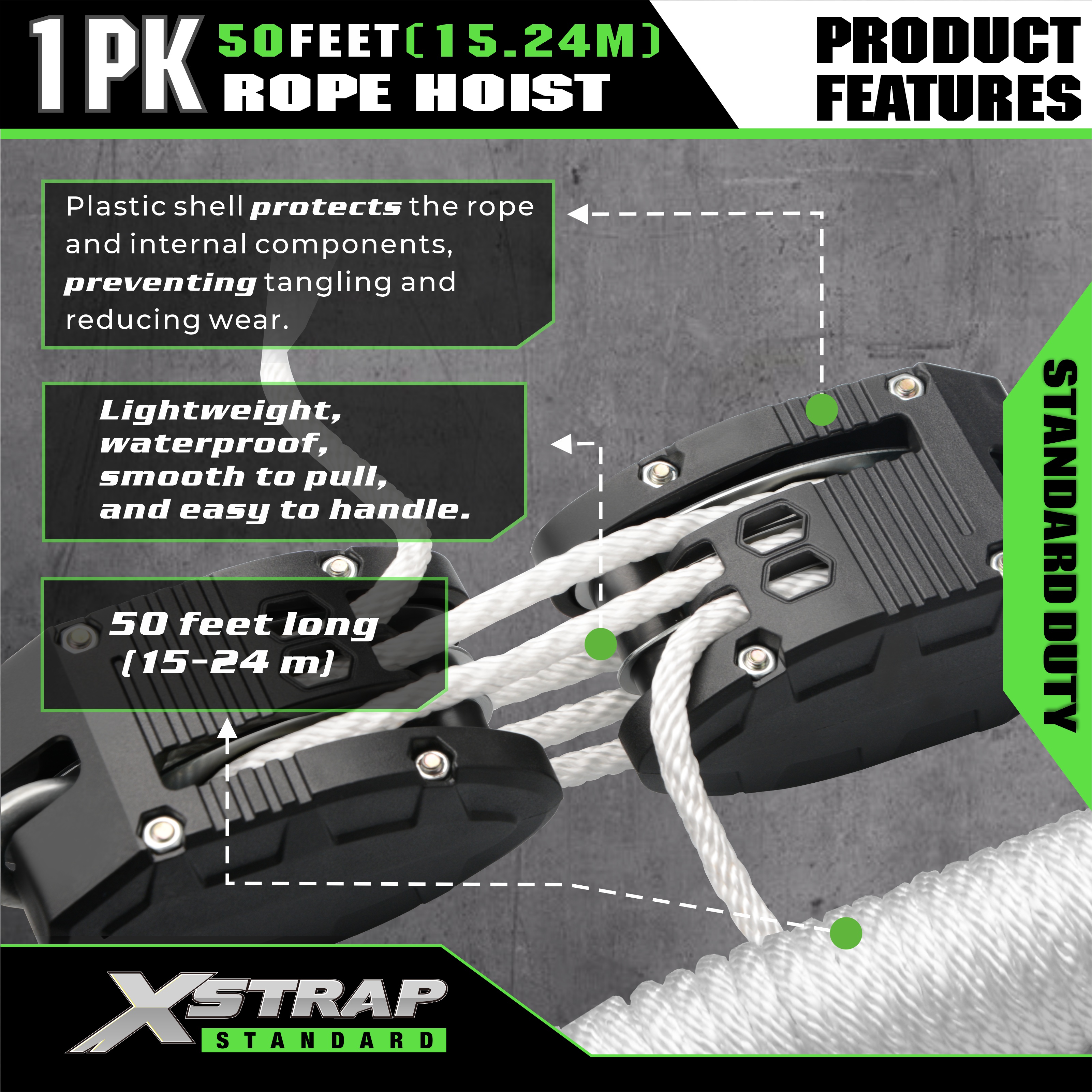 XSTRAP AHLT0003 সাদা দড়ি উত্তোলন পুলি সিস্টেম 1000LB ক্ষমতা