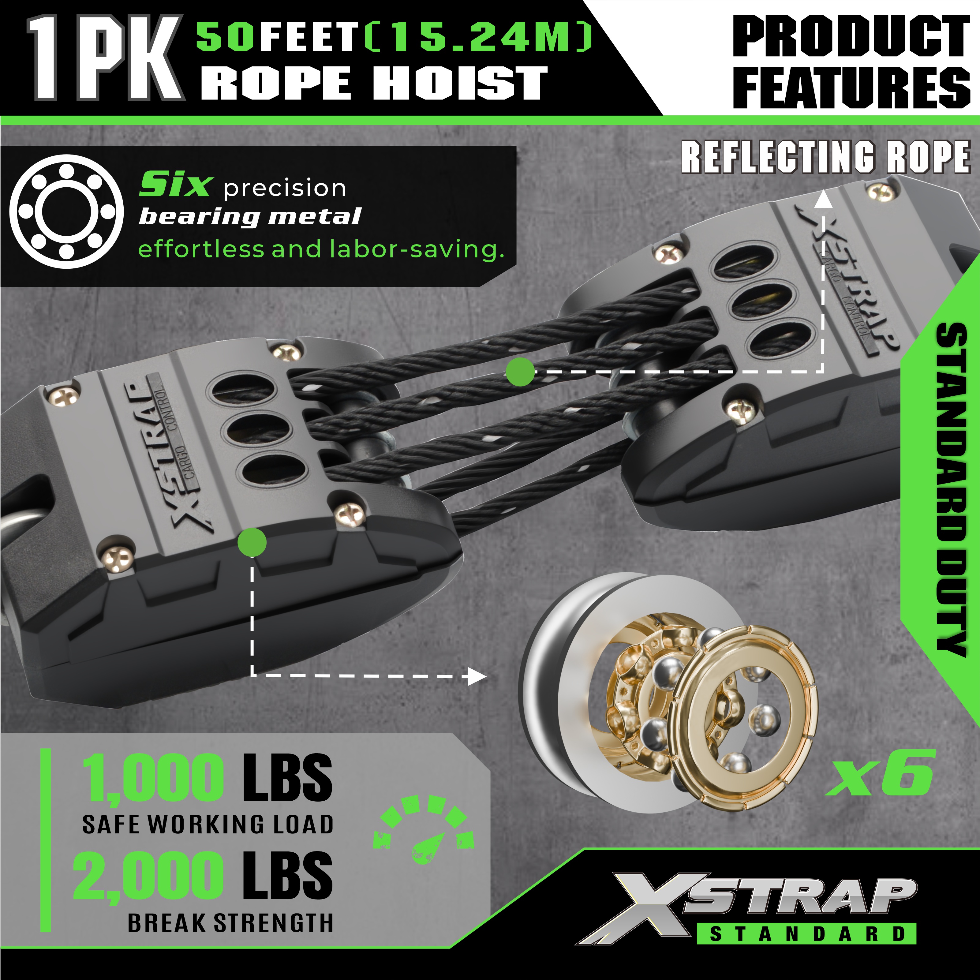 XSTRAP AHLT0003-প্রতিফলিত কালো দড়ি হোস্ট পুলি সিস্টেম 1000LB