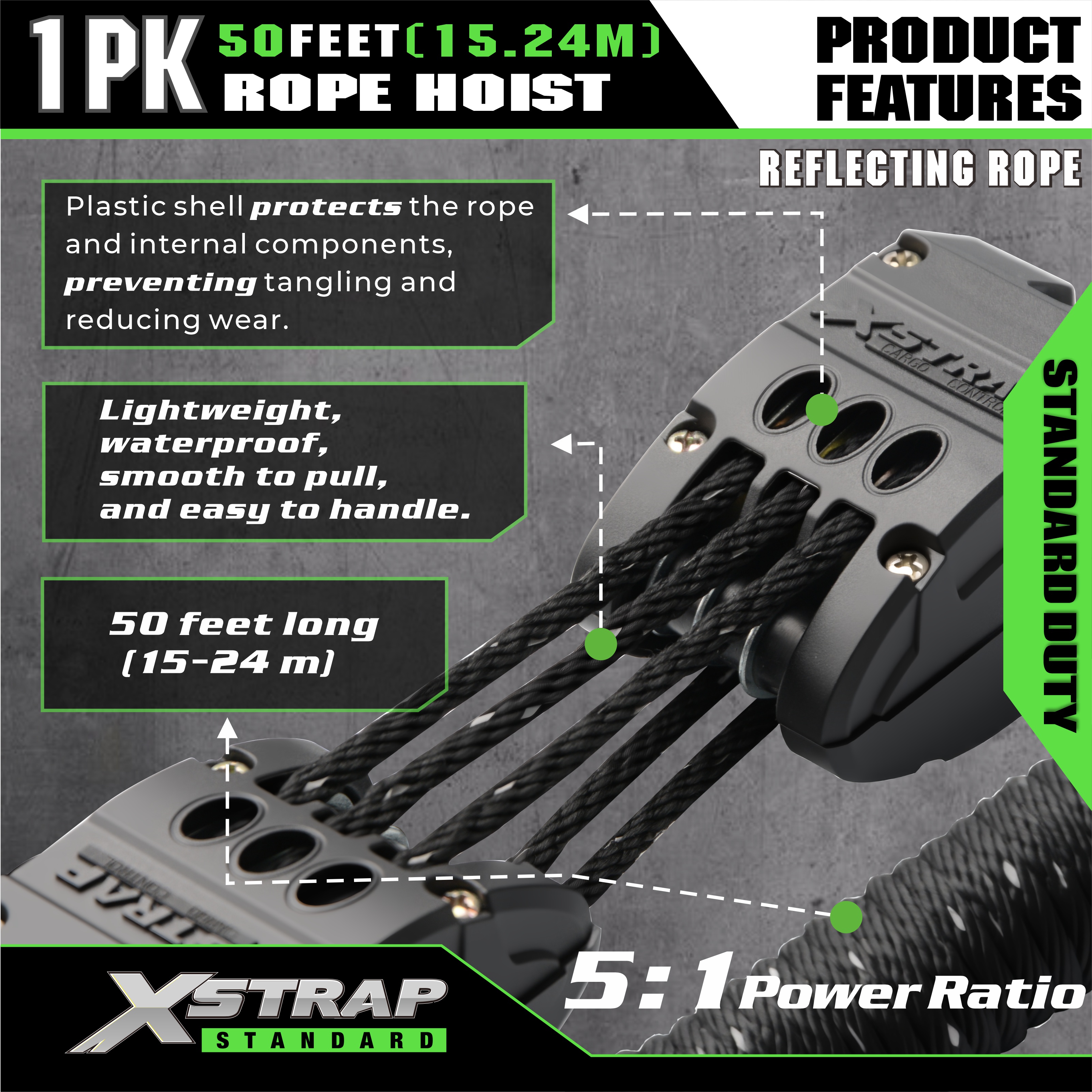 XSTRAP AHLT0003-প্রতিফলিত কালো দড়ি হোস্ট পুলি সিস্টেম 1000LB