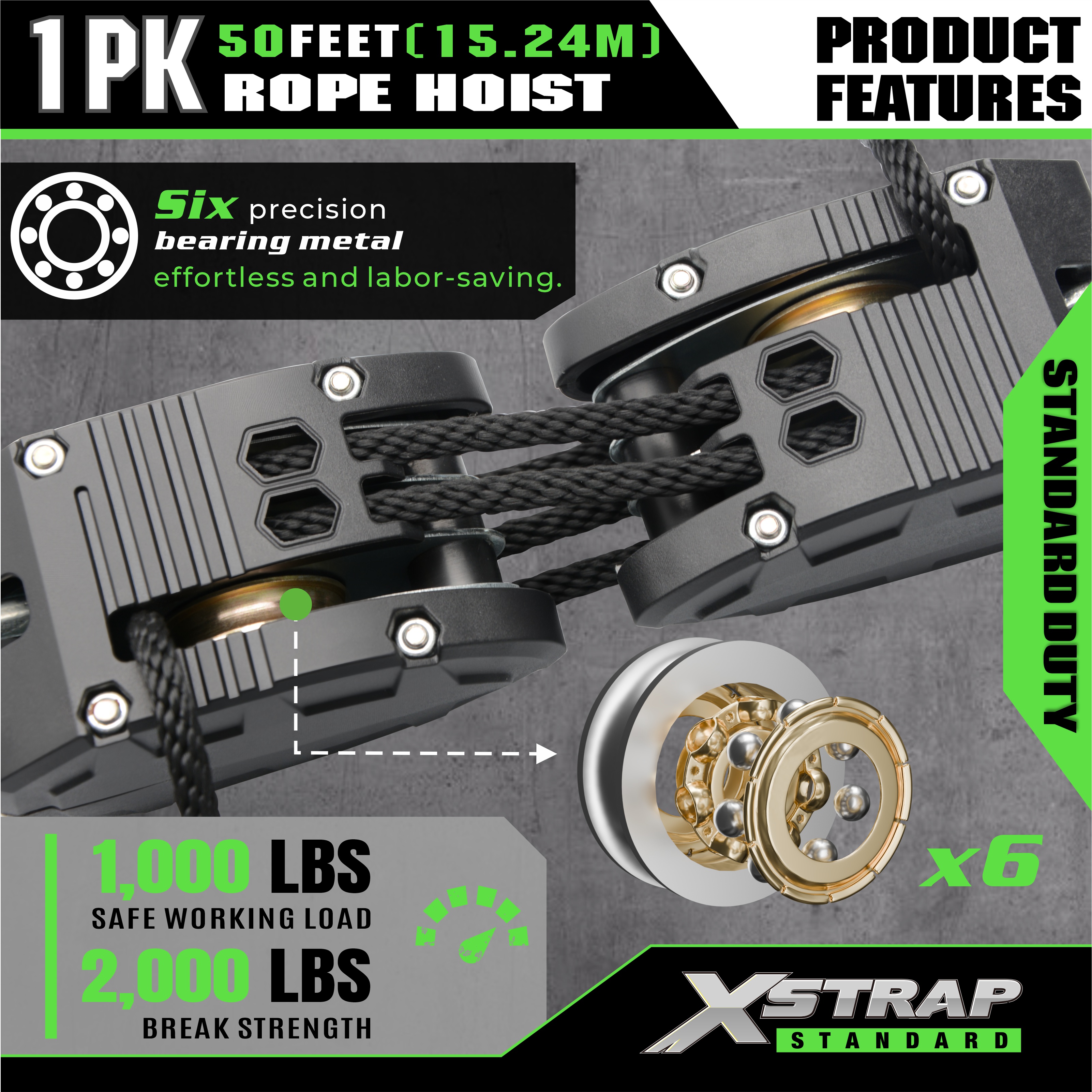 XSTRAP AHLT0003 কালো দড়ি হোস্ট পুলি সিস্টেম 1000LB