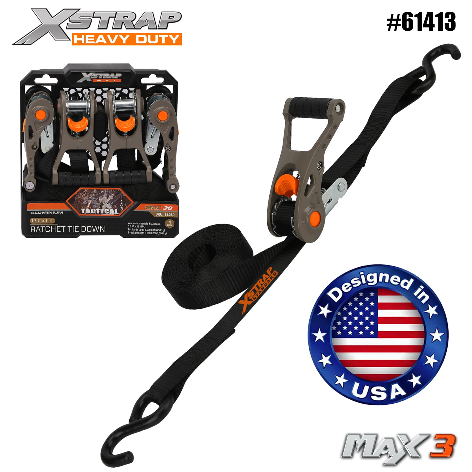 Xstrap 61413 1” x 14’ 4PK ট্যাকটিক্যাল র্যাচেট টাই ডাউন সফট লুপ 1000lb SWL দিয়ে