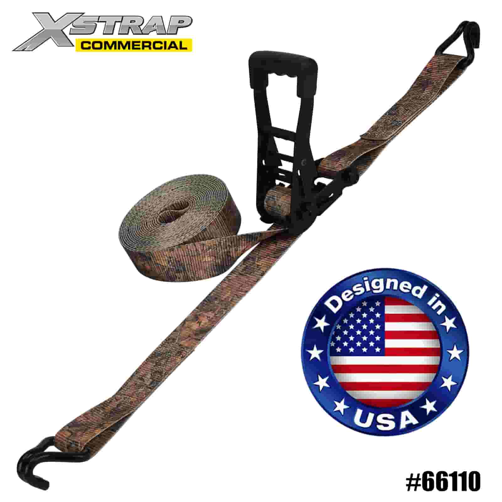 Xstrap 66110 2” x 27’ CAMO র্যাচেট ডাবল জে হুক্স 3333lb SWL এর সাথে টাই ডাউন