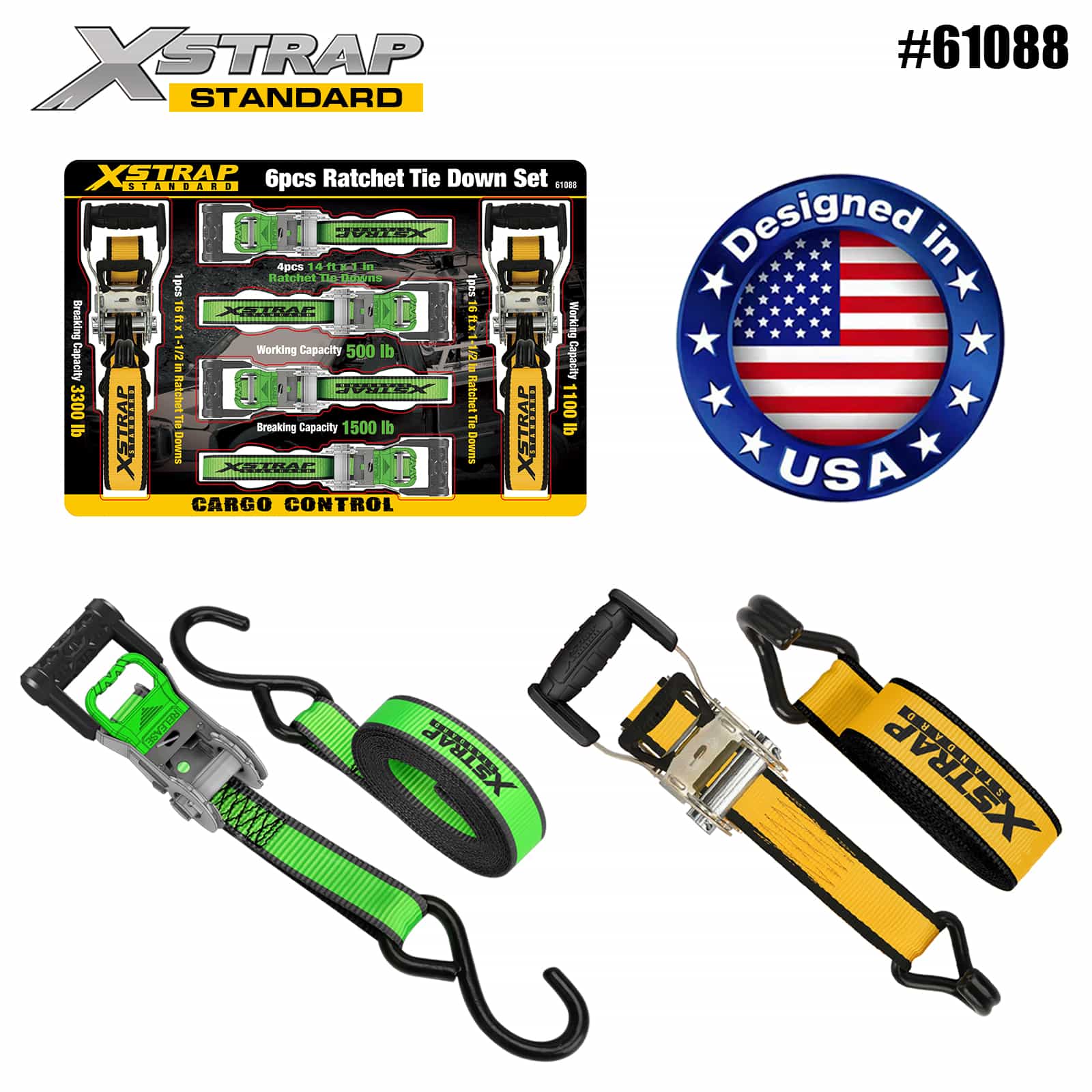 Xstrap 61088 1” x 14’ 4PK D হ্যান্ডেল র‌্যাচেট সফট লুপ 500lb SWL এবং 1” x 16’ 2PK এক্সট্রা-ওয়াইড হ্যান্ডেল র্যাচেট টাই ডাউন 1100lb SWL