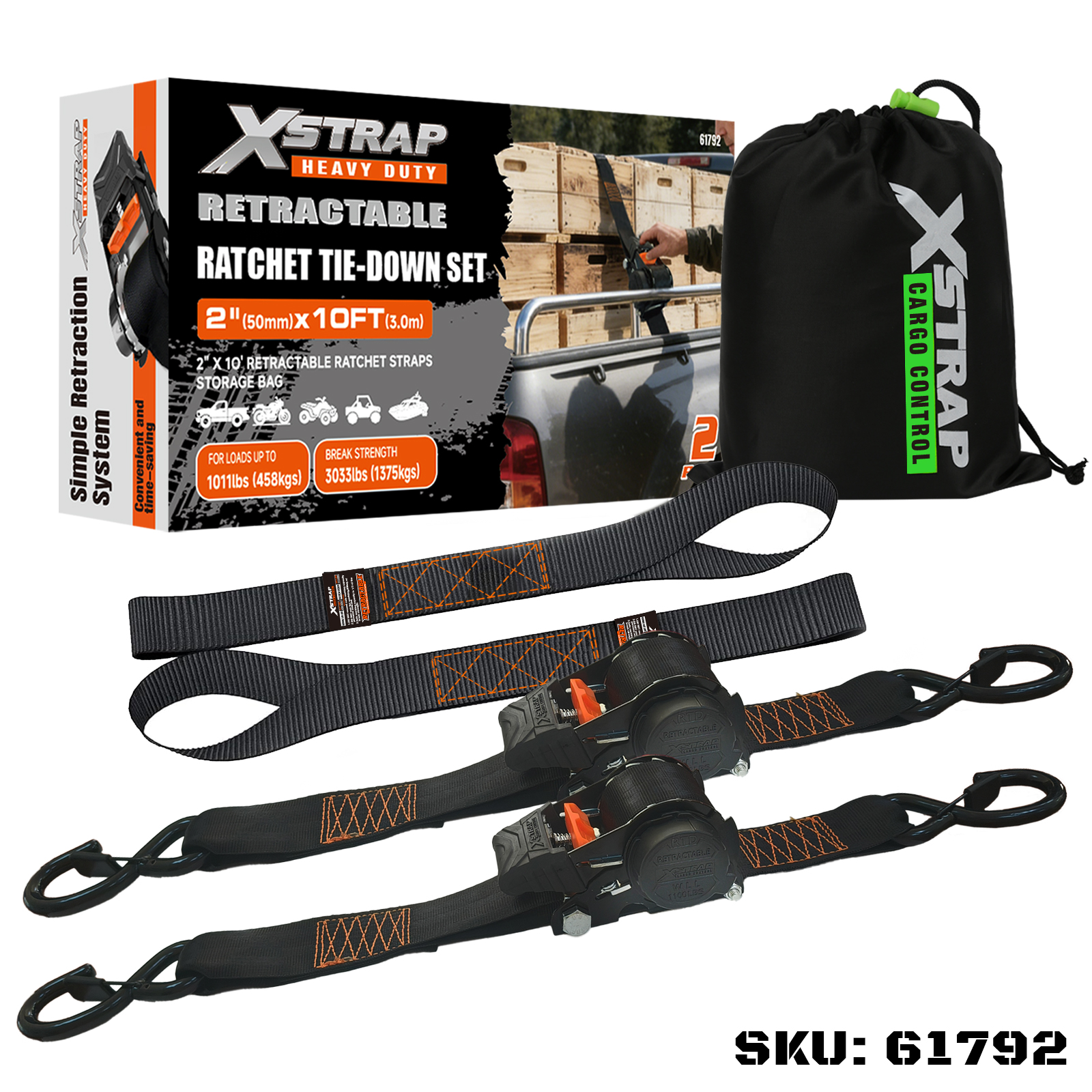 Xstrap 61792 2PK 2” x 10’ প্রত্যাহারযোগ্য Ratcet টাই ডাউন সেফটি এস হুক 1011lb SWL সহ সেট